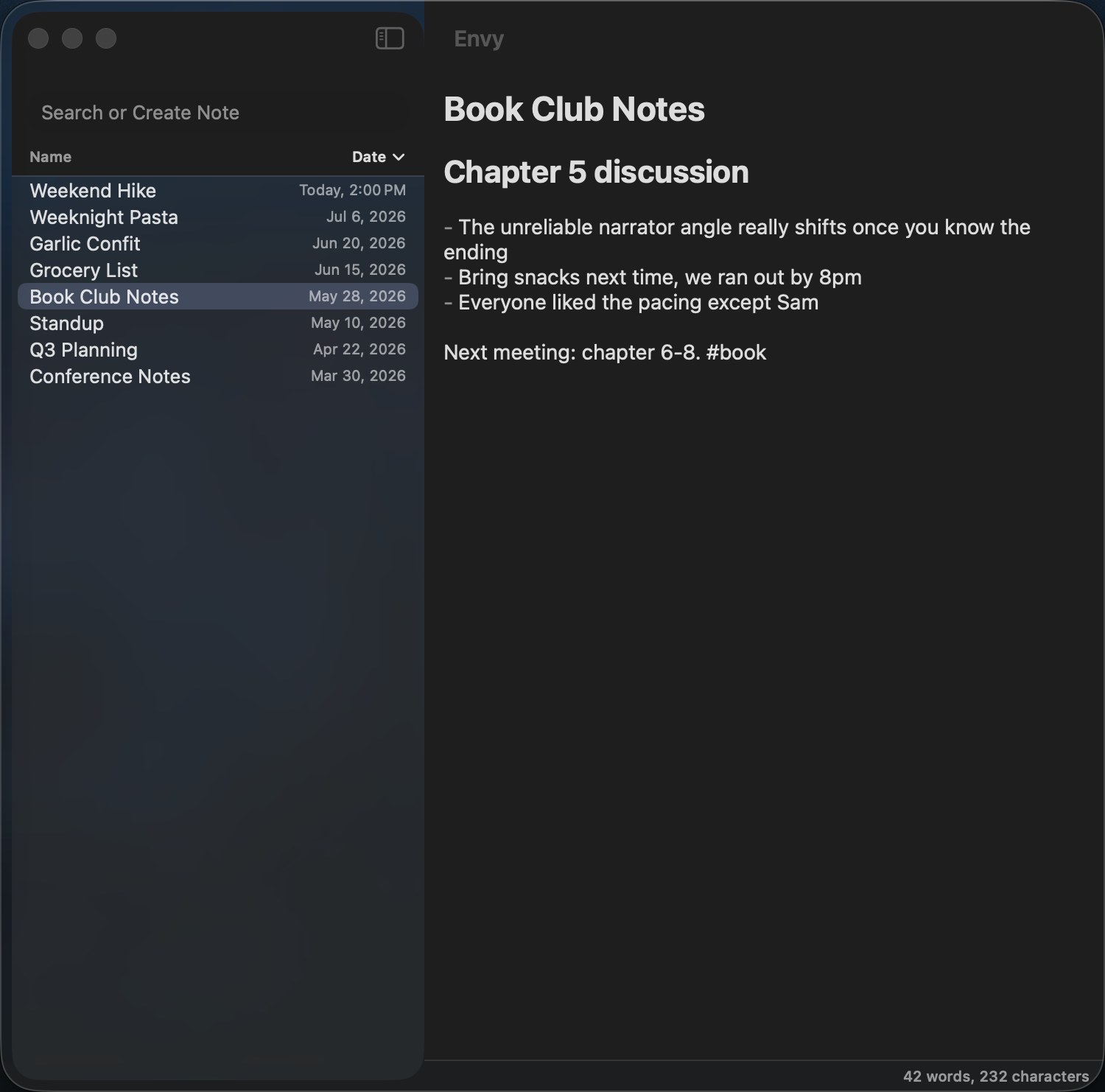 Envy's horizontal layout, list beside the editor