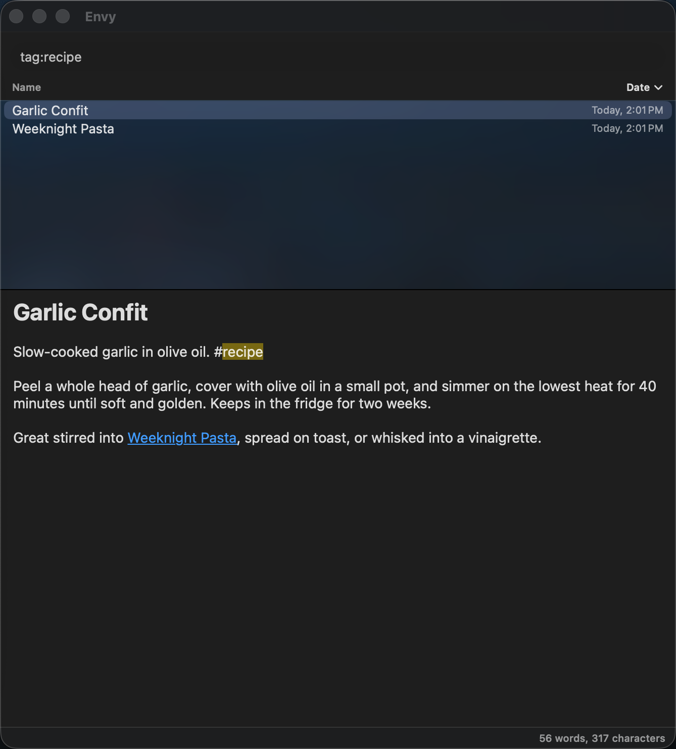 Searching tag:recipe in Envy, filtering the note list down to Garlic Confit and Weeknight Pasta