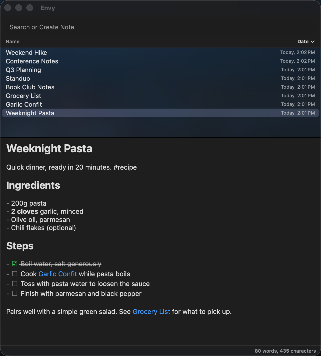 Envy's vertical layout, showing the note list stacked above an open note called Weeknight Pasta with checkboxes, bold text, and a wiki-link