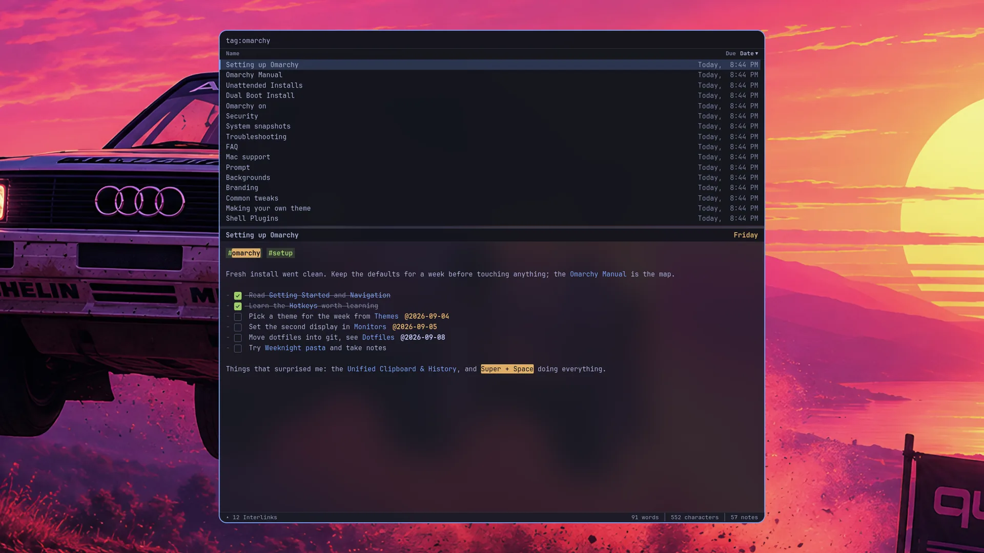 Envy on Omarchy in Tokyo Night: a floating column over the wallpaper with a search box, a filtered list of notes, and an open note with tasks and due dates